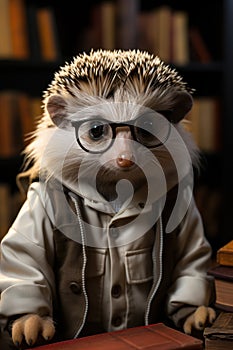 Intelligent hedgehog poses with stylish glasses amid books. AI generation