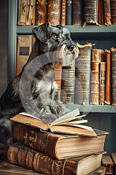 Intelligent Schnauzer Dog with Glasses Reading a Book in Vintage Library Setting
