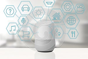Intelligent speaker device Googe Home in a smart home with some icons representing different cloud services and skills.