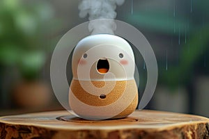 intelligent speaker with voice control. A smart speaker stands on a table in the interior