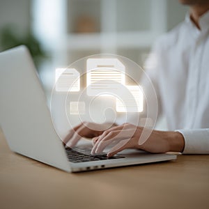 Intelligent system: futuristic hands, glowing panel, tech evolution, workspace harmony, virtual input, data stream