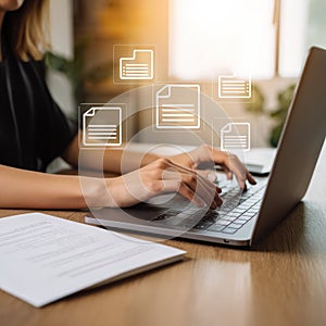 Intelligent system: futuristic hands, glowing panel, tech evolution, workspace harmony, virtual input, data stream