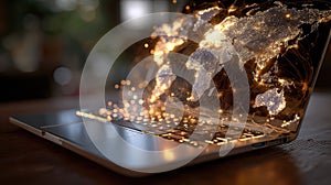 Intelligent system: futuristic hands, glowing panel, tech evolution, workspace harmony, virtual input, data stream