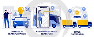 Intelligent transportation system, autonomous public transport, truck platooning concept with tiny people. Modern logistics vector