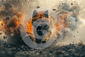 Intense Action Scene of a Determined Dog Charging Through Explosive Fire and Smoke, Symbolizing Bravery