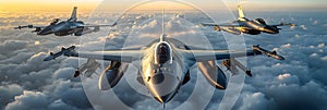Intense aerial dogfight between highly maneuverable and technologically advanced fighter jets soaring high above the clouds during photo