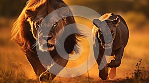 Intense African Sunrise: Lioness Hunting Wildebeest