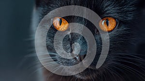 Intense amber eyes of a sleek black cat staring directly into the camera with sharp focus on its textured fur and delicate