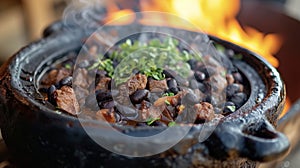 The intense aroma of slowcooked pork and black beans fill the air as a traditional Brazilian Feijoada simmers over an photo