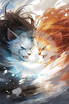 Intense artistic rivalry, two angsty cats, in red and blue, vertical image