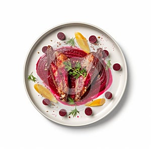Intense Beet Dish With Chicken Wings And Anchovy Steak photo