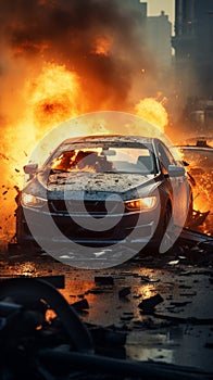 Intense car accident, depicting a hazardous collision and fire