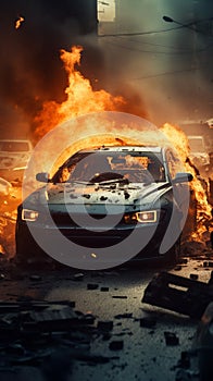 Intense car accident, depicting a hazardous collision and fire