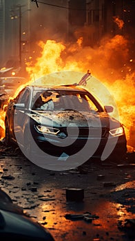 Intense car accident, depicting a hazardous collision and fire