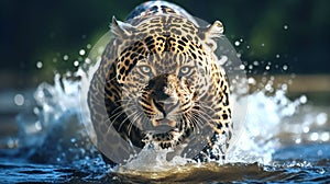 Intense close-up capturing a jaguar stalking its prey in the water