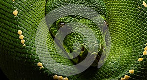 Intense close-up of a coiled Green Tree Python