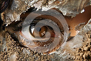 Intense Close up of a Human Eye Surrounded by Mud and Soil Striking Contrast Between Nature and Human Perception