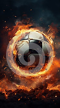 Intense close up, Soccer ball, ablaze, unleashed with power in stadium