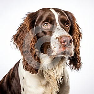Intense Close-up Studio Portrait Of English Springer Spaniel On White Background