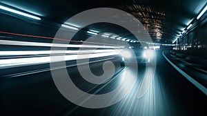 Intense closeup shot of car headlights piercing through the darkness of a tunnel leaving a trail of bright white streaks