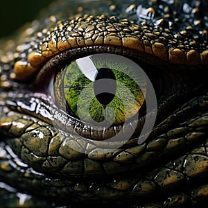 An intense closeup shot of a crocodile\'s eye showcasing its reptilian features