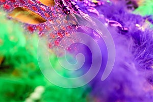 Intense color -Mardi Gras - Carnaval background in purple and green - blurred feathers and a mask on gold background