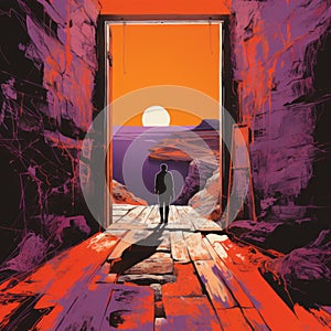 Intense Color Palette: Man Walking In Doorway Overlooking Sunset