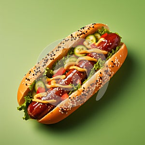 Intense Color Saturated Hotdog On Green Background With Neogeo Style