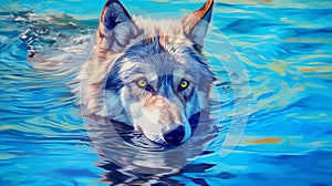 Intense Color Saturation: Swimming Wolf In Blue Water