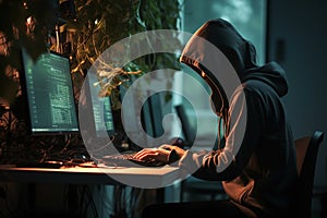 Intense cyber scenario Female hacker plants trojan, executes cyberattacks, identity theft