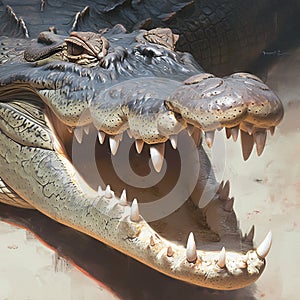 Intense detail wide open crocodile mouth, showcasing its fearsome nature