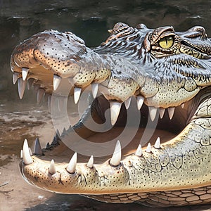 Intense detail wide open crocodile mouth, showcasing its fearsome nature