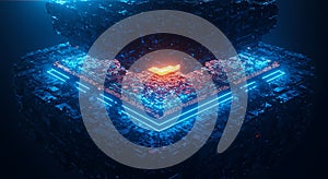 Intense digital architecture glows blue and orange