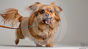 Intense dog barking on leash against bright white backdrop, emphasizing the raw intensity