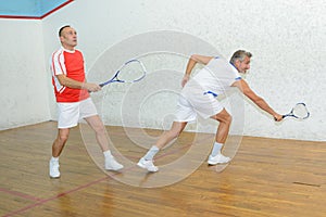 Intense doubles game badminton