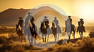 Intense And Dramatic Lighting: Five Cowboys Riding Horses Through The Desert