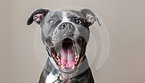 Intense emotion dog on leash barking against clean background, minimalist energy