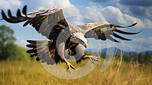 Intense Energy: Majestic Eagle Soaring Over Grassy Field