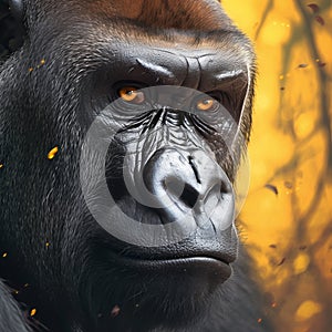 Intense eyes close up of a silverback king gorillas compelling face