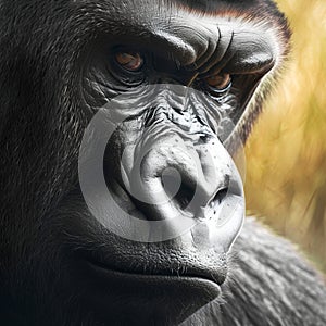 Intense eyes close up of a silverback king gorillas compelling face