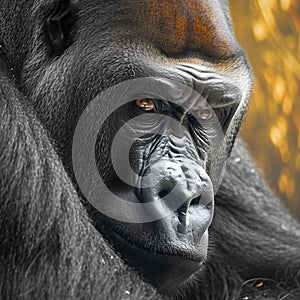 Intense eyes close up of a silverback king gorillas compelling face