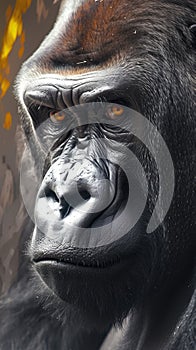 Intense eyes close up of a silverback king gorillas compelling face