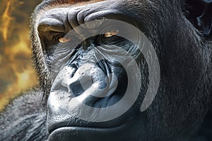 Intense eyes close up of a silverback king gorillas compelling face