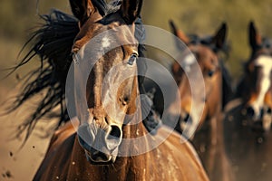 intense eyes and flaring nostrils of horses in midrun