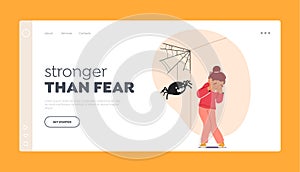 Intense Fear Of Spiders Landing Page Template. Child Character Experiences Arachnophobia, Vector Illustration