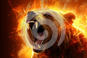 Intense Ferocious bear, fiery background illuminated by flames