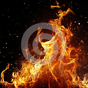 Intense Fire Flames Isolated on Black Background. Generative ai