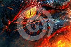Intense Fire Themed Digital Illustration of Mythical Dragon with Glowing Eyes and Scales