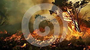 Intense flames engulf trees in a forest fire, with smoke billowing under a hazy sky, capturing nature\'s ferocity. photo