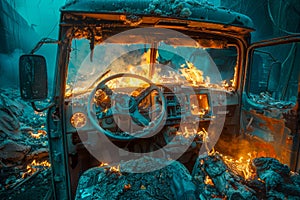 Intense Flames Engulfing Abandoned Vehicle\'s Interior in a Mysterious Fiery Scene at Night